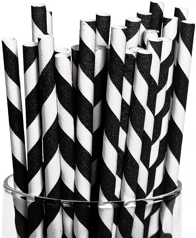 Pitillos de papel rayados blanco y negro - pack 24 miniatura 1