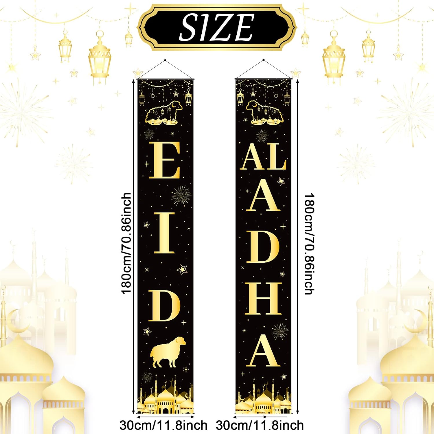 ZOIIWA Eid Al-Adha Mubarak Porch Sign Set - Multi Color Star Mosque Islamic Eid Ramadan Mubarak Party Banner - 70.87" x 11.81" Rectangular Polyester Banner with Rope Mount