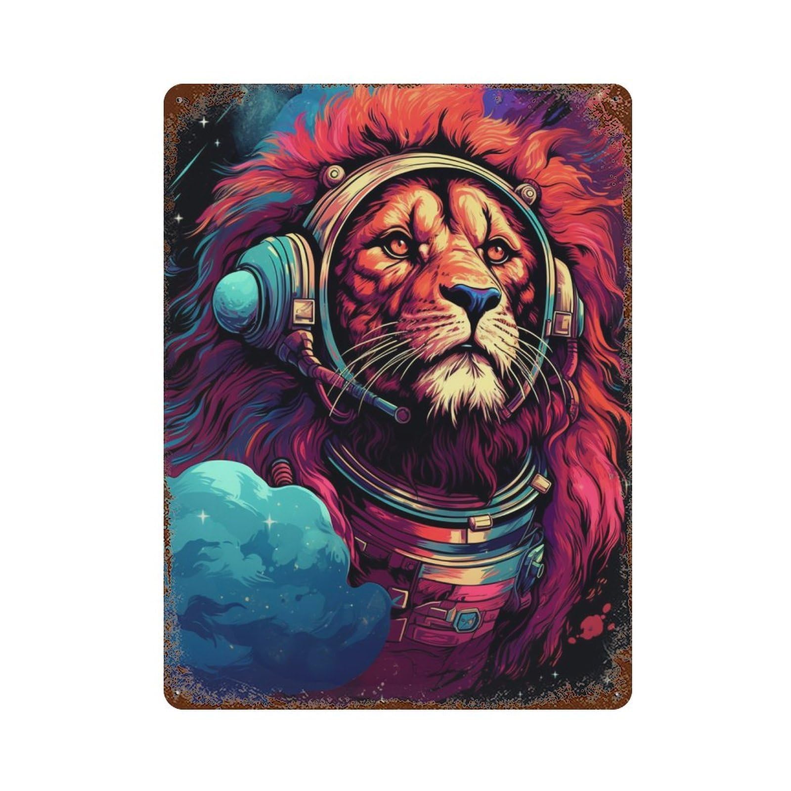Lion Astronaut Space Suit Aged Metal Wall Plaque 15.7"x11.8", Farmhouse Wall Decor for Office, Studio And Wall Decor