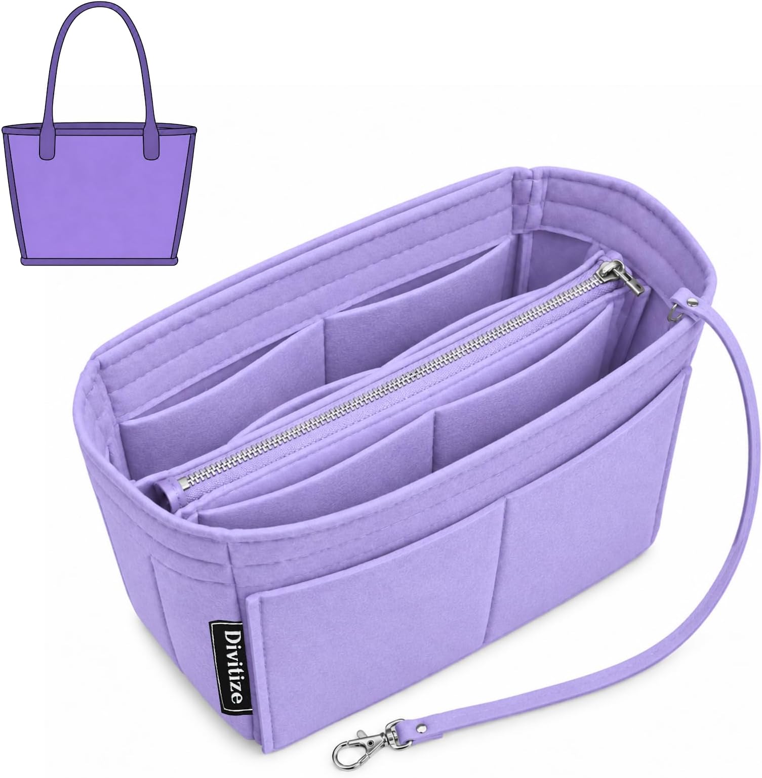 Divitize Premium Purse Organizer compatible with Anjou Mini/PM/GM Bag Insert — with Silver Zip Perfect Fit, Durable Quality Felt, Full Coverage No Bulking, +24 Shades (Lilac, For Anjou GM)