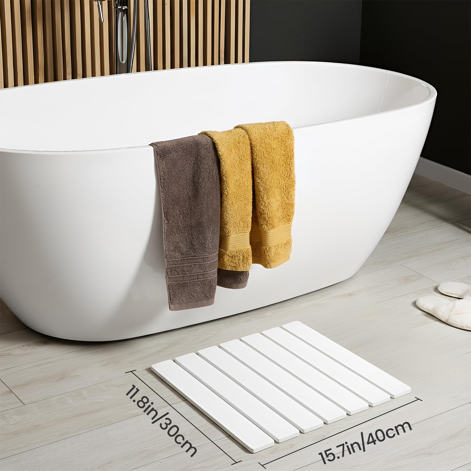 Meowoo Foldable Stone Bath Mat, 15.7"x11.8" Diatomaceous Earth Bath Mat, Non-Slip Quick Dry Bathroom Floor Mats, Super Absorbent, Easy to Clean, Stone Bathroom Floor Mats for Bathtub Front - White