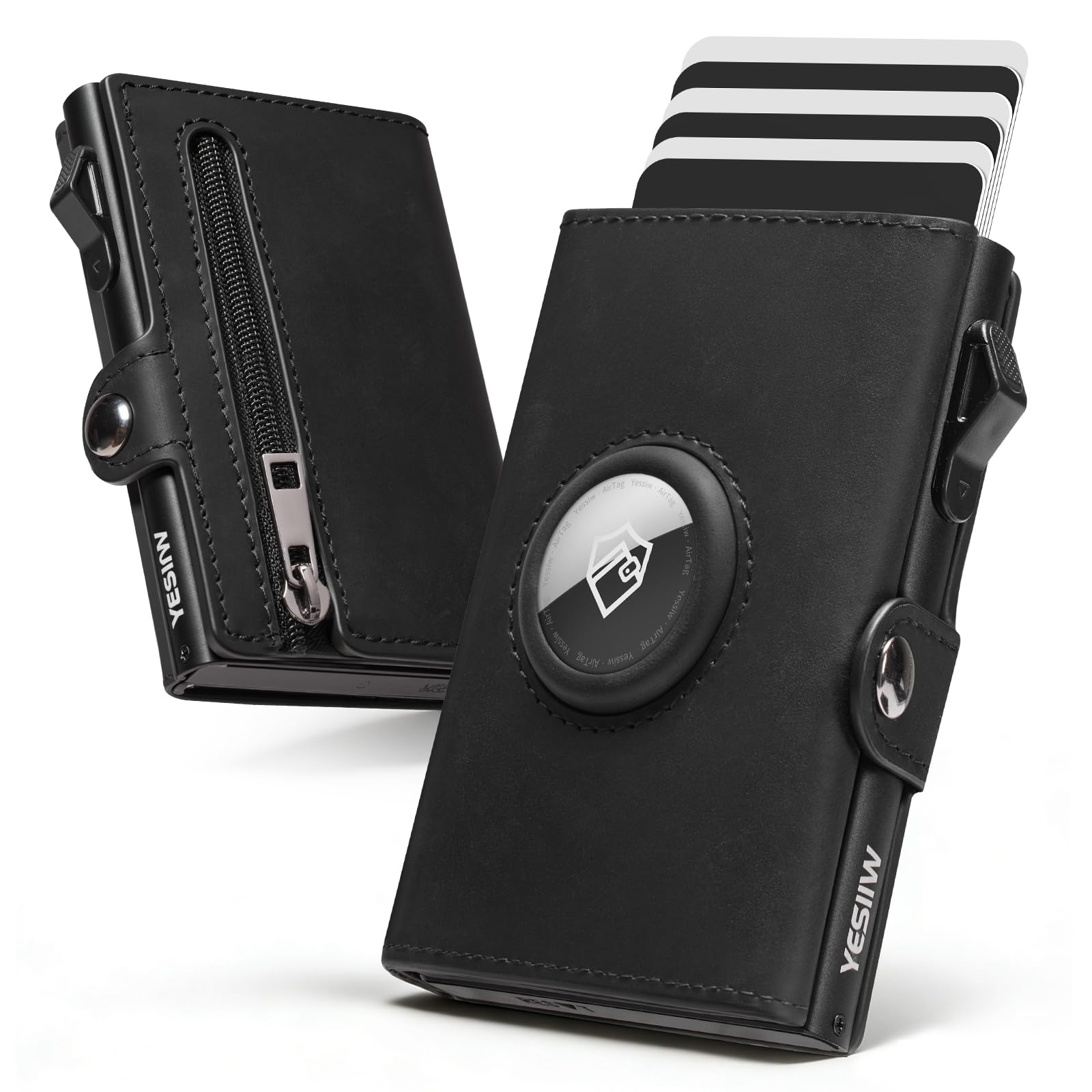 YESIIW Geldbörse Herren Slim Echtleder für AirTag mit RFID Schutz, Schwarz | Airtag-kompatibel Rfid-schutz Pop-up Kartenfach Echtes Leder 10 Kartenfächer 2 Ausweisfächer Münzfach