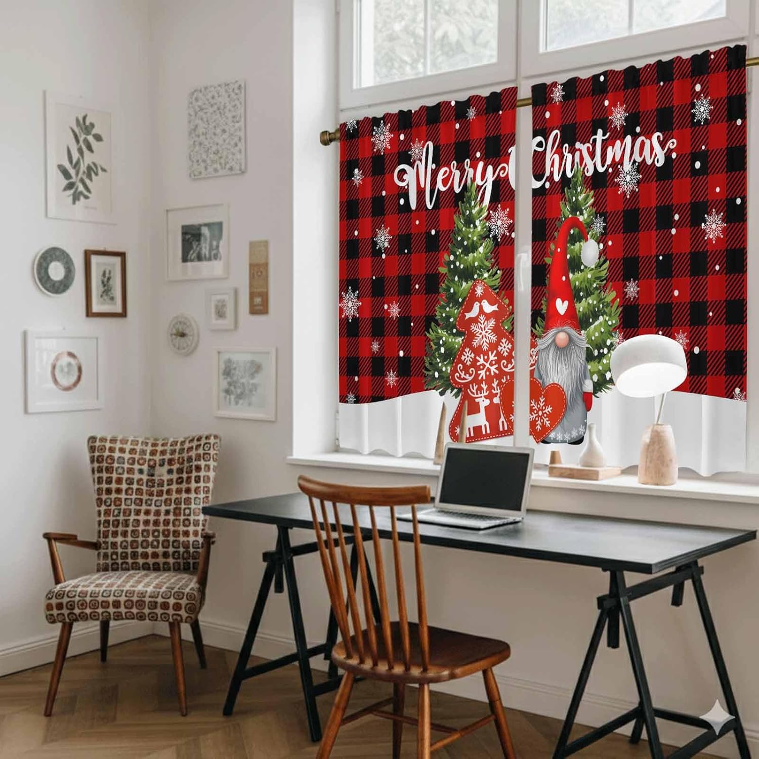 Christmas Gnomes Kitchen Tier Curtains 45 Inch Long 2 Panel Set,Rod Pocket Short Window Treatment,Red Black Plaid Xmas Trees Snowflake Curtains & Drapes for Bathroom Basement 27.5"W x 45"L