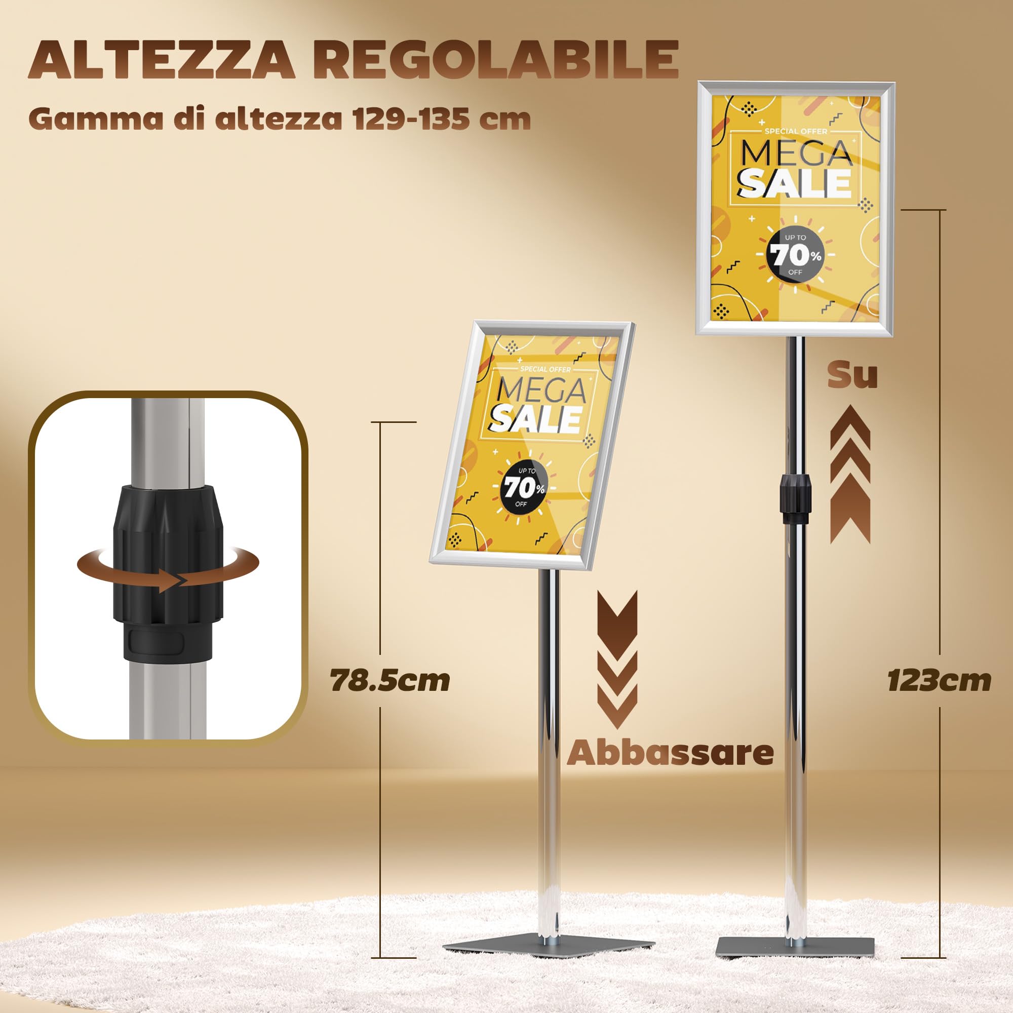 HOMCOM Supporto Poster A3 con Altezza e Inclinazione Regolabili, Supporto Espositore da Terra in Acciaio e Alluminio, 45x30x85-135 cm, Argento