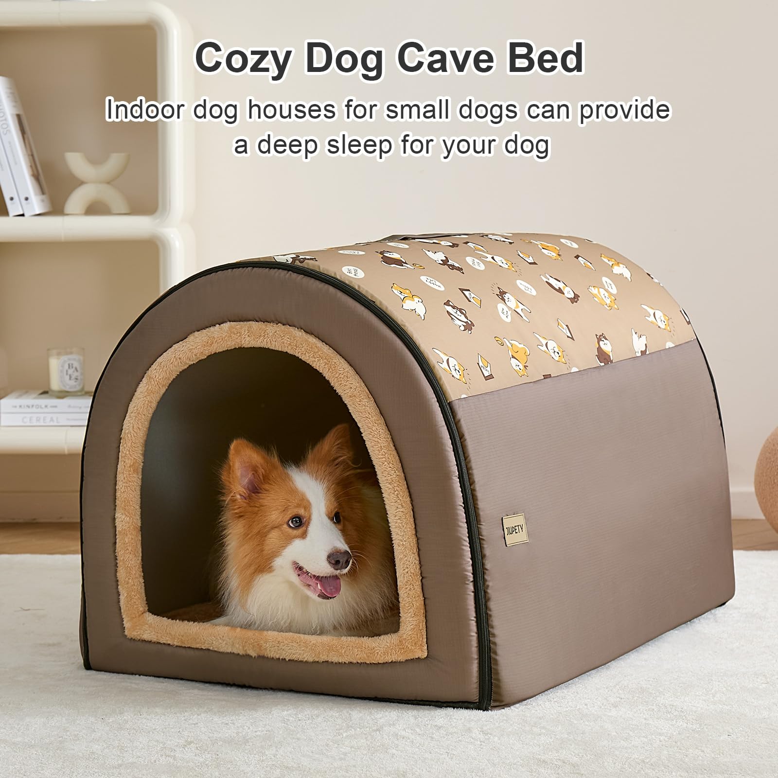 Jiupety - Casa-cama para mascotas, 2 en 1, tipo cueva, con techo, cómoda, portátil, para perros medianos y grandes, tamaño 2XL (89 x 69 x 66 cm), hasta 32 kg, marrón