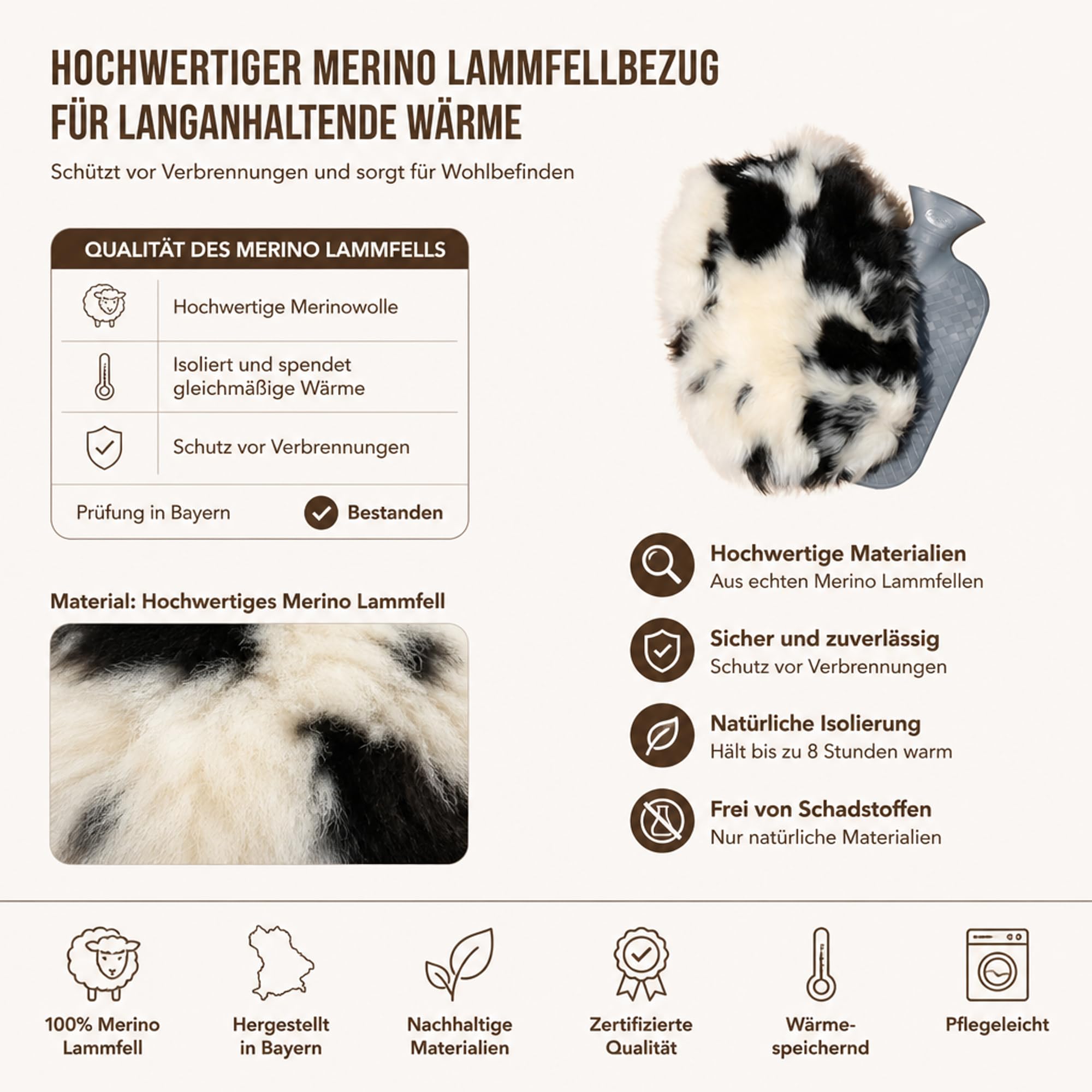 Fashy Merino Lammfell Wärmflasche 2,0 L – Kuschelige Wärme – Echtes Schaffell-Bezug