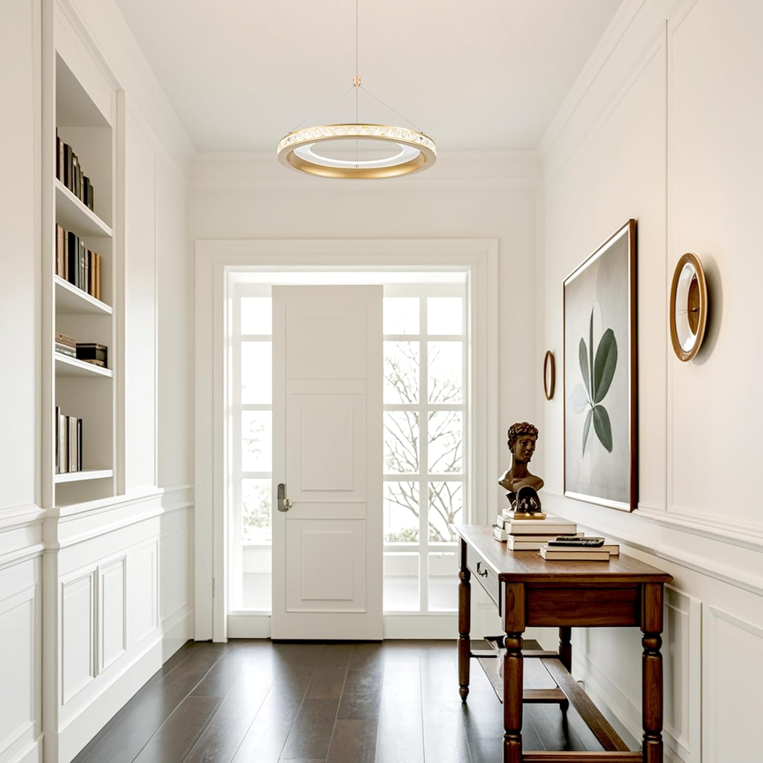 CHYING Modern Brushed Gold LED Crystal Pendant Light, 11.8" 24W 3500K Warm White Hanging Pendant Light Kitchen Island, Ring Ceiling Lights for Bedroom Dining Room Hallway Entryway