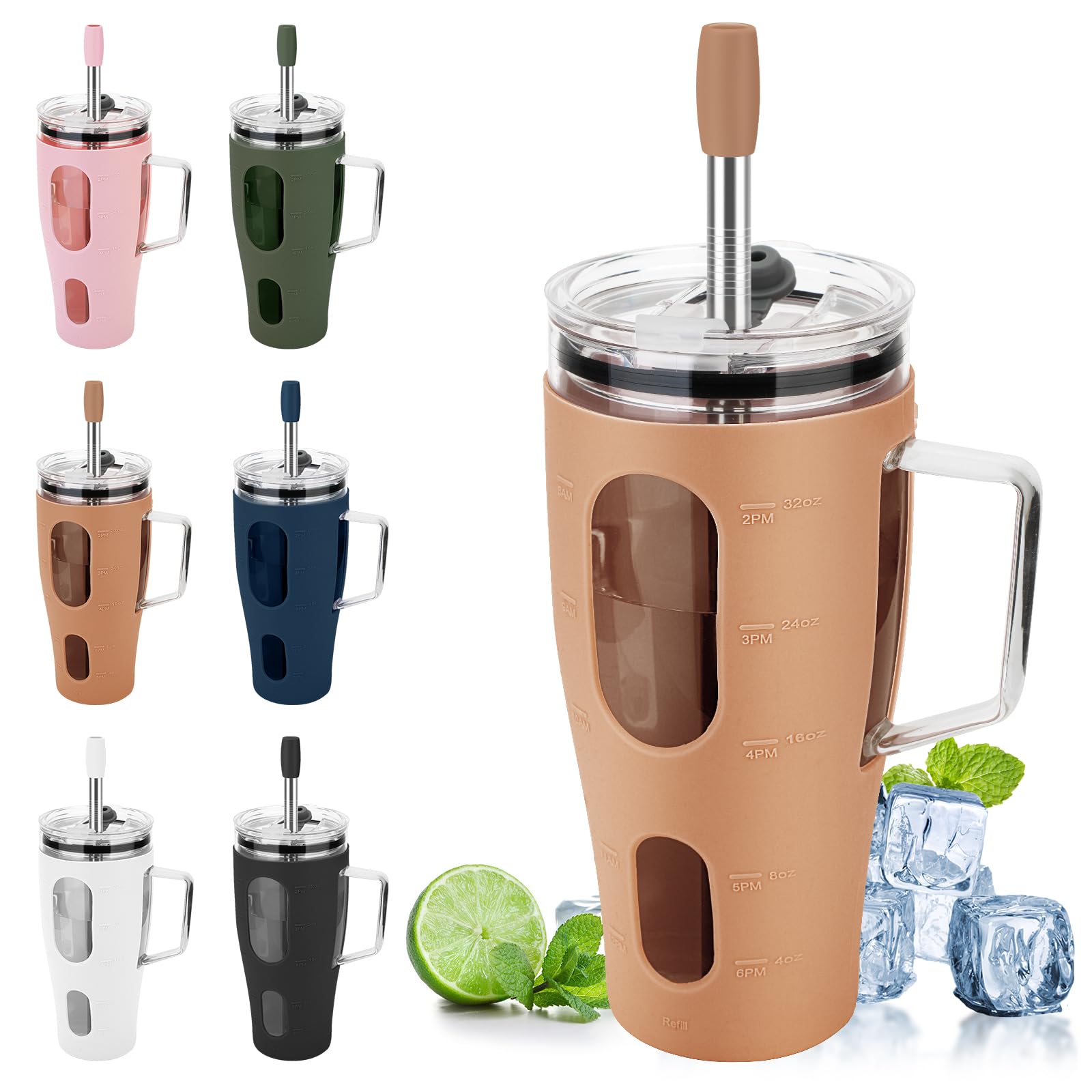Photo 1 of Zenbo 40 oz Motivational Glass Tumbler: Reusable Iced Coffee Cup with Straw and Handle, Leak Proof Lid, Silicone Sleeve, Fits Cup Holder, BPA Free 40oz Coffee