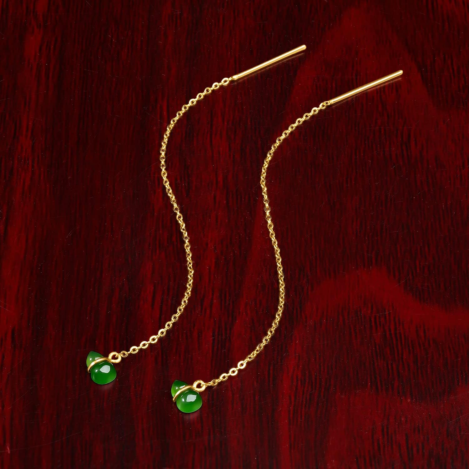 ZHOU LIU FU 24K Solid Gold Earrings Real Pure Green Jade Gold Gourd Threader Dangle Earring Long Chain Trendy Tassel Earrings Drop Dainty Jewelry for Women Her Anniversary Birthday