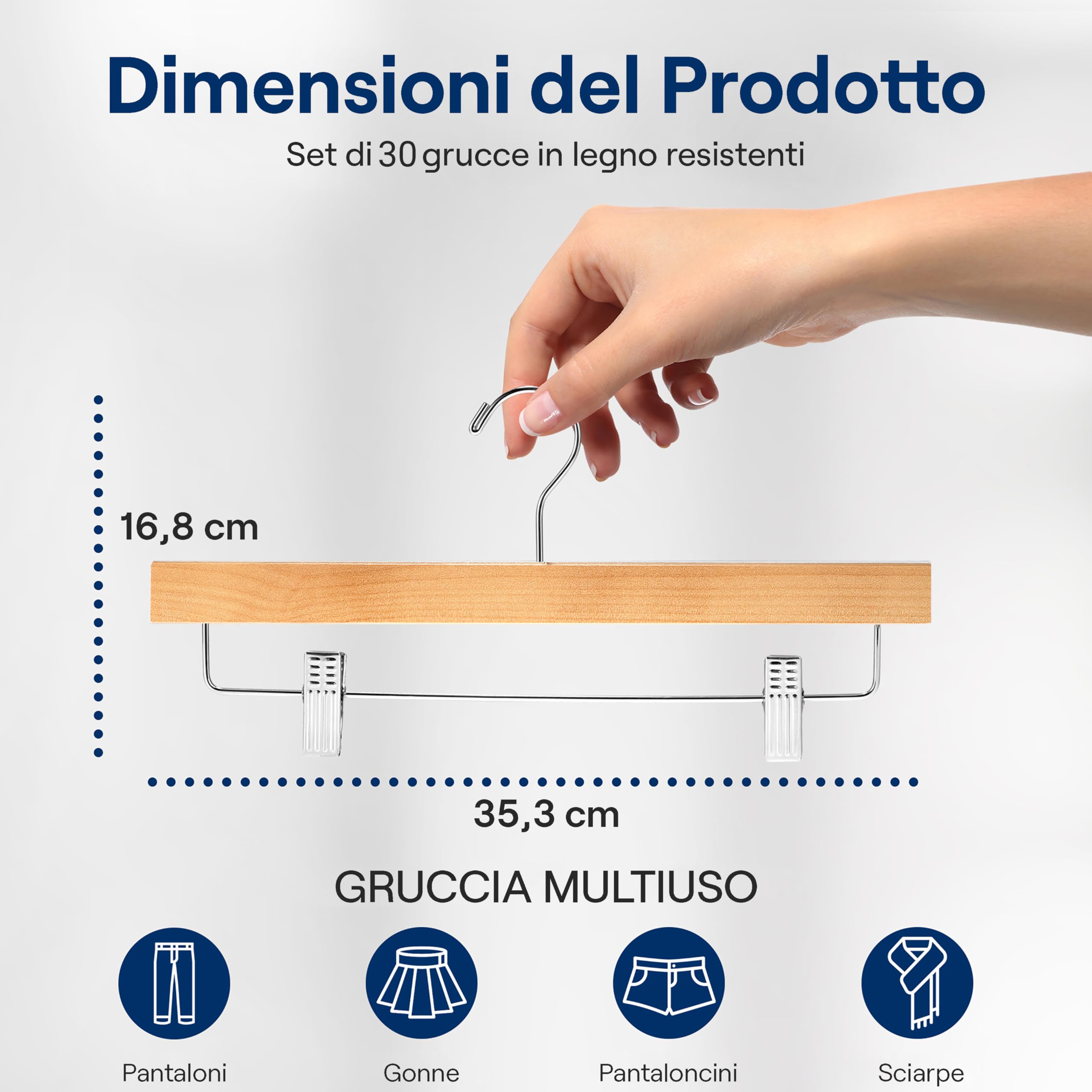SereneLife Grucce Appendiabiti Salvaspazio in Legno Naturale, Stampelle Armadio 30 Pezzi con Pinze Regolabili, 35,5x1,3x17 cm, Grucce per Pantaloni e Abiti