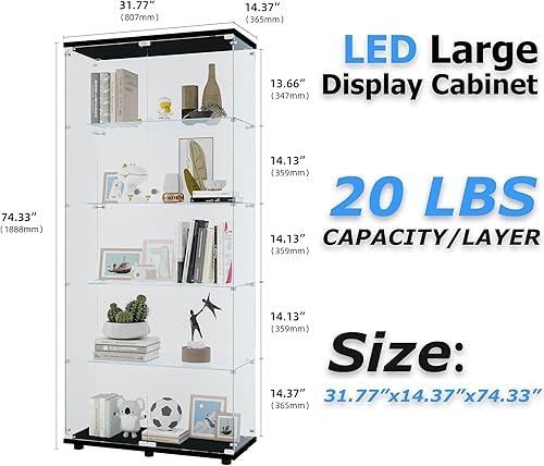 Miniatura 246 de Vitrina de cristal con 4 estantes con tira de luces LED y cerradura, vitrina de vitrina con ruedas y 1 puerta, vitrina de vidrio templado para sala