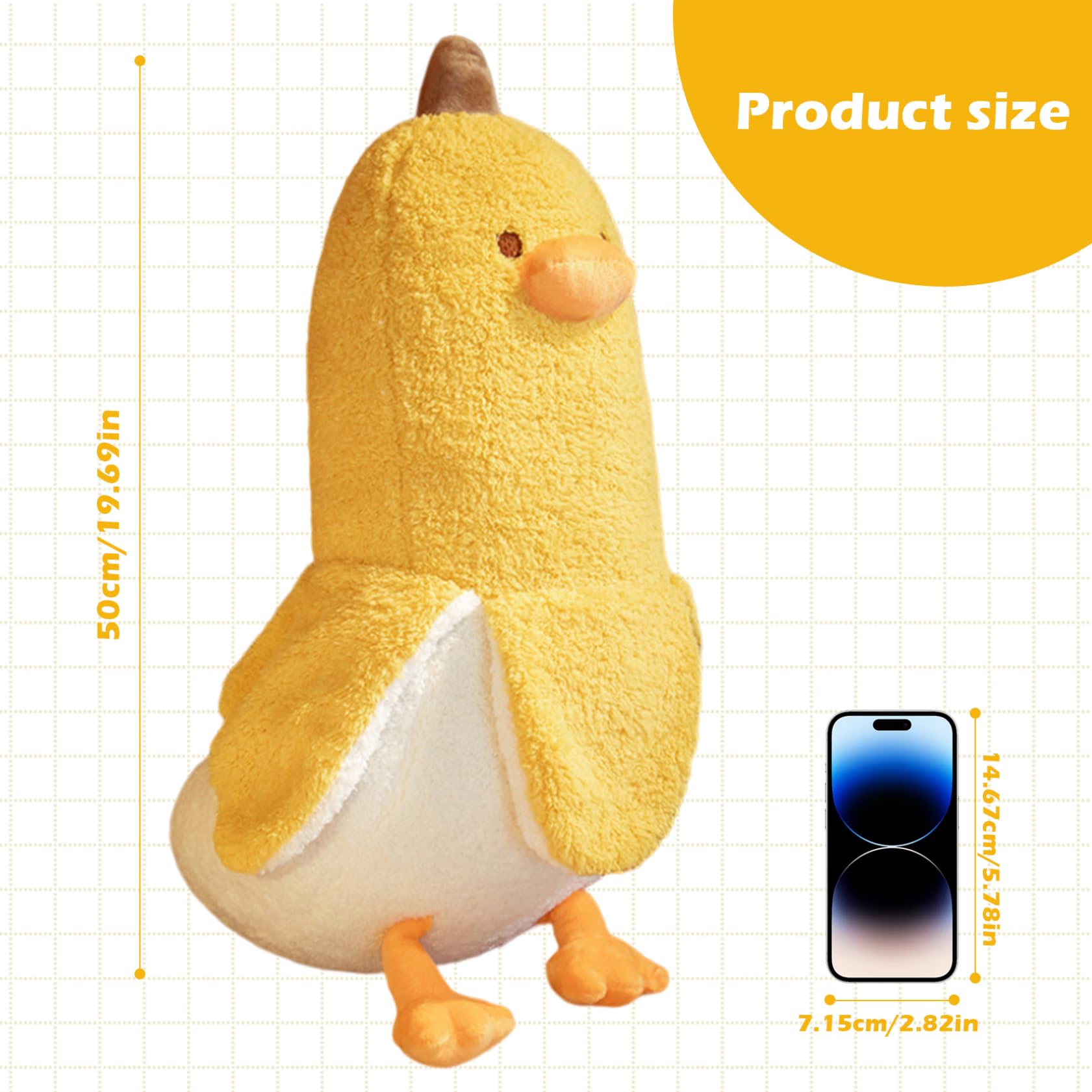 Anatra Banana Simpatico peluche a forma di anatra Peluche morbido da 19, 69 pollici Cuscino avvolgente carino per ragazza ragazzo, giallo