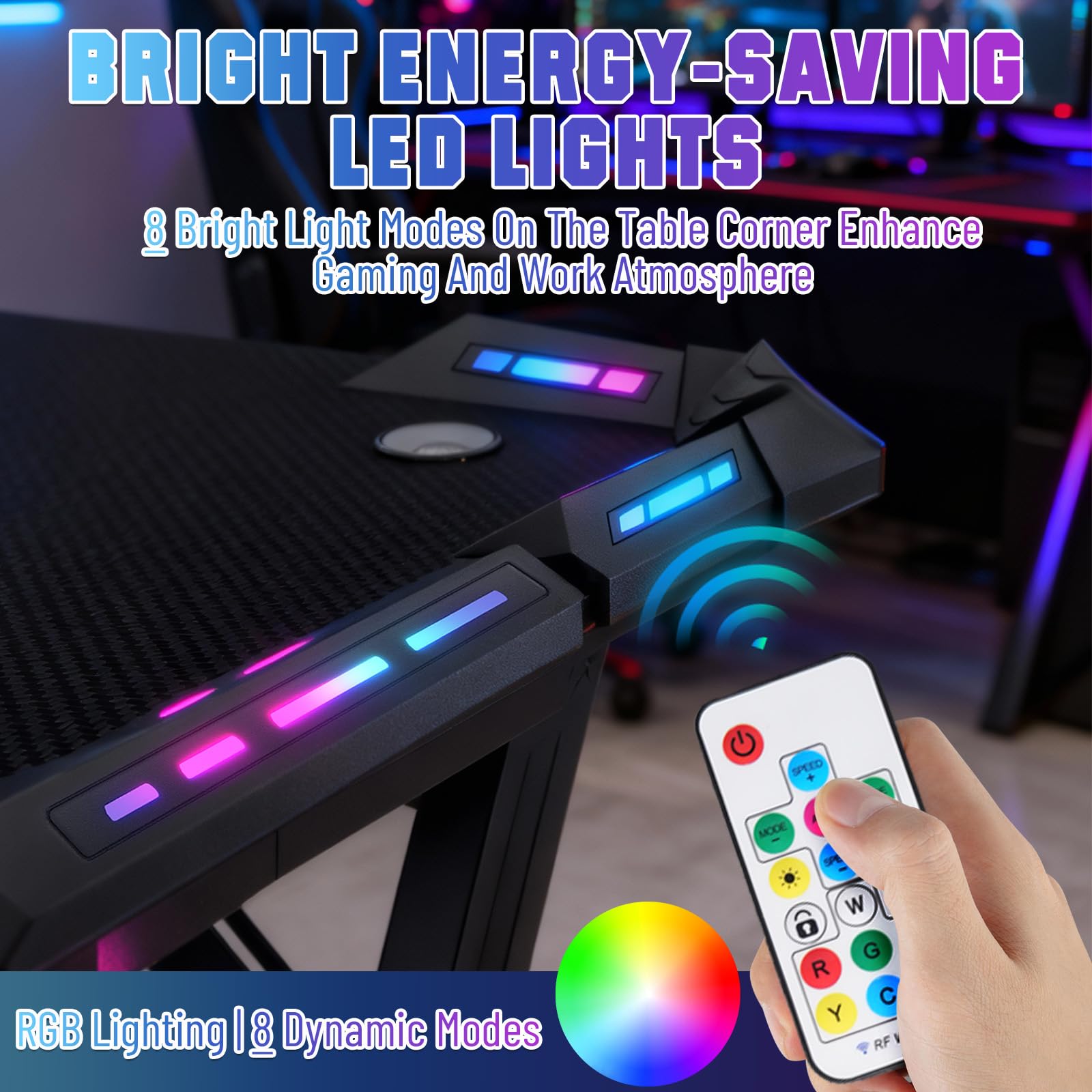 Gaming Tisch 160x60 CM, Gaming Schreibtisch mit LED Beleuchtung, Kohlefaseroberfläche, Getränkehalter, Kopfhörerhalter, Computertisch Ergonomisch, PC Tisch, Gamingtisch für Gaming, Streaming