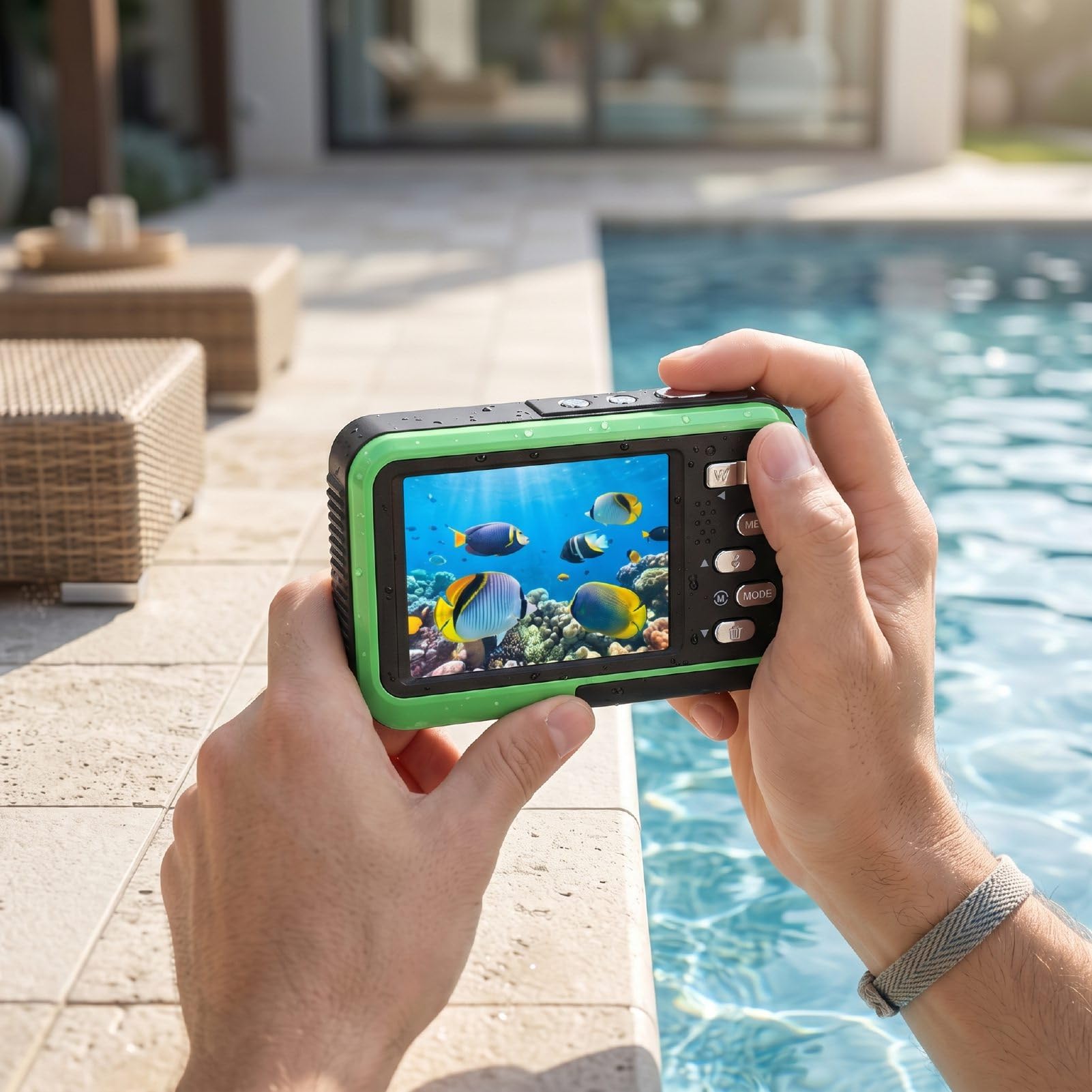Fabater Cámara Subacuática, Cámara Digital Impermeable 5K 48MP 11.5FT con Tarjeta de 32GB, Enfoque Automático, Pantalla Dual Selfie, Zoom Digital 16X, Luz de Relleno para Snorkel (Green)