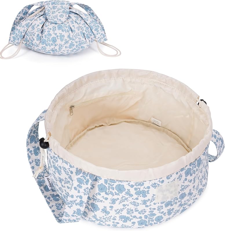 Necessaire de maquiagem Narwey com abertura ampla e cordão, estampa Y-Blue Flower, 1 unidade
