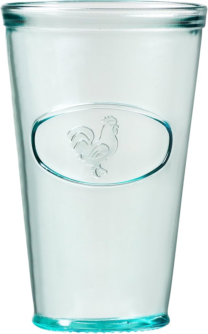 Amici Home Rooster Hiball Glass | 16 Oz | Italian Made, Recycled Glass with Green Tint | Drinking Glass with Embossed Design for Water, Juice, Cocktails (Set of 6)