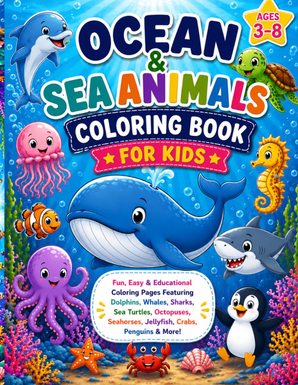 Ocean & Sea Animals Coloring Book for Kids: Fun & Easy Coloring Pages Featuring Dolphins, Whales, Sharks, Sea Turtles, Octopuses, Seahorses, ... Educational Ocean Animal Facts for Ages 3–8