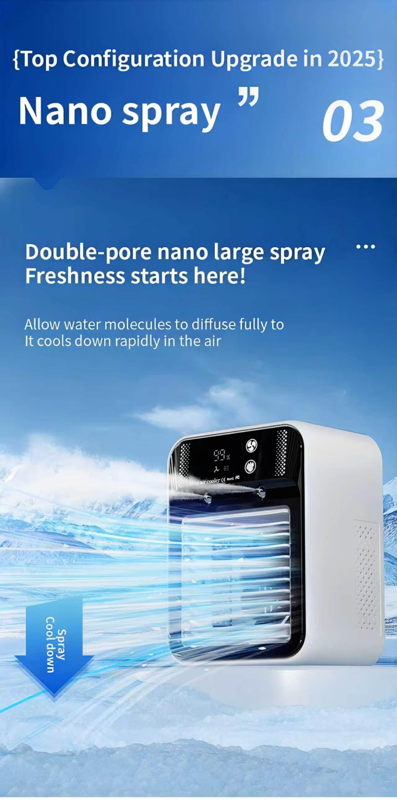 Climatiseur portable, climatiseur portable silencieux 4 en 1, capacité de 500 ml, deux vitesses de ventilation, deux modes de pulvérisation, mini climatiseur, convient aux bureaux Touches Tactiles