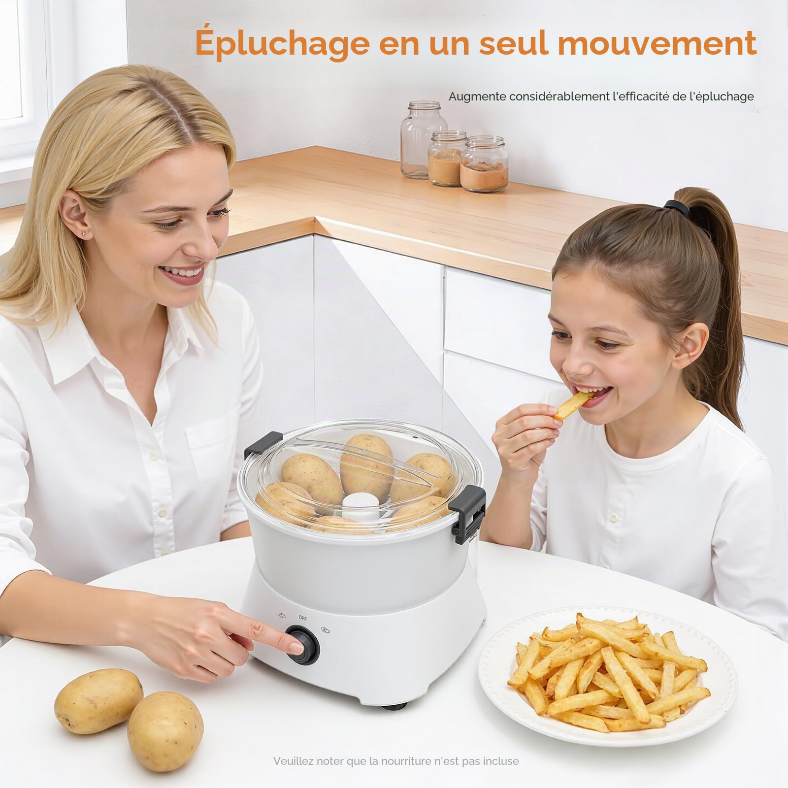 Éplucheur de pommes de terre électrique 85 W avec support de table – Éplucheur professionnel pour pommes de terre, pommes et carottes – Lame éplucheur en acier inoxydable & bac de récupération