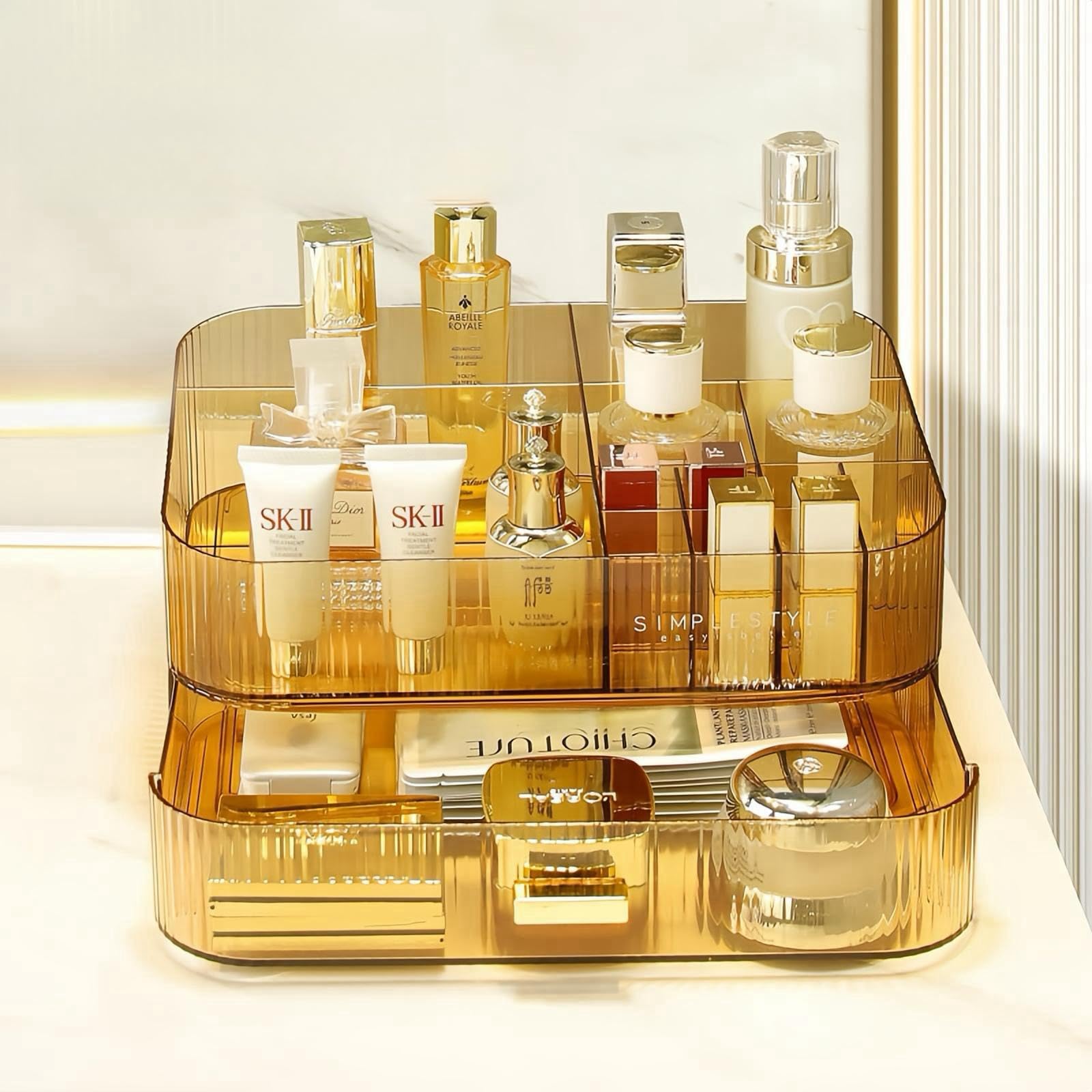 Organiseur de maquillage avec tiroir empilable, vitrine de rangement pour coiffeuse, comptoir de salle de bain ou commode, support de comptoir pour rouge à lèvres, pinceaux, lotions, fard à paupières,