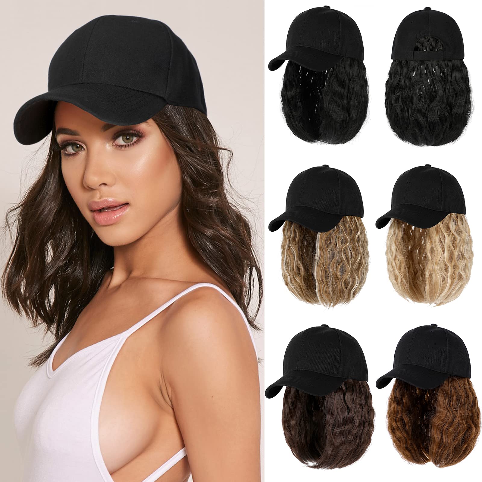 Lansigreen Baseball Cap with Hair Extensions Hat Wig Adjustable Hat Attached Curly Wave 14" Synthetic Hairpiece for Women Natural Black