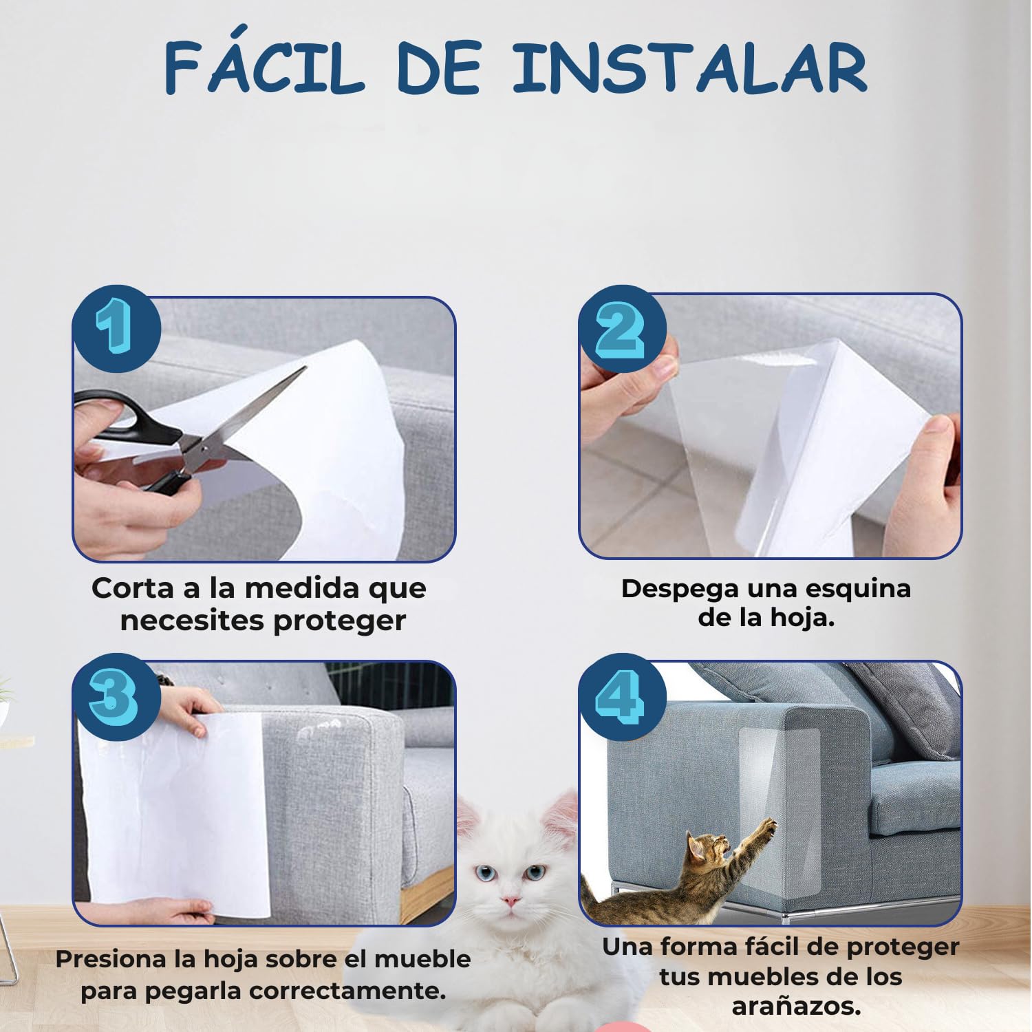 Protector antiarañazos para Muebles y sofá – Pack 10 láminas Transparentes Autoadhesivas, recortables, Protege de Gatos y Perros