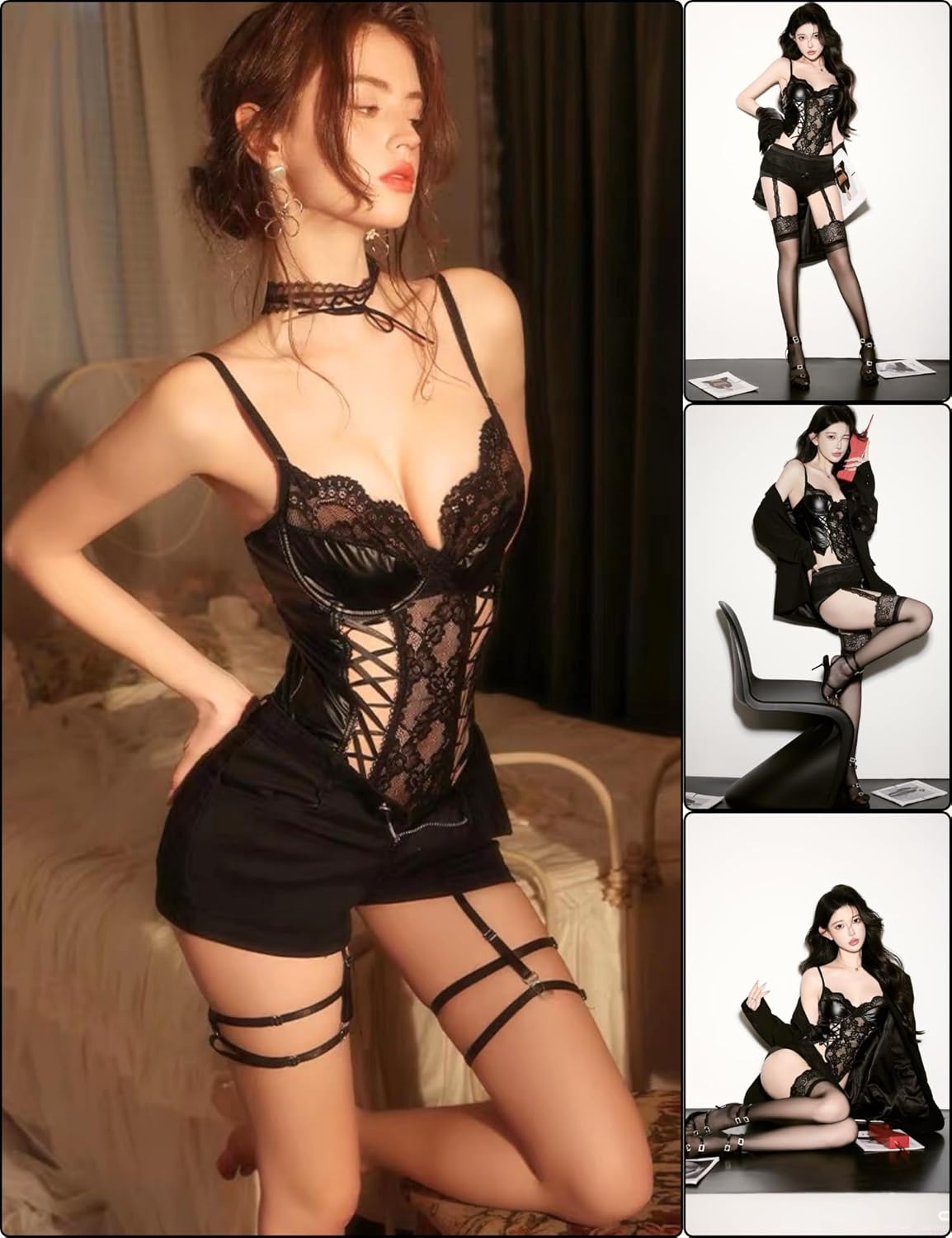 Sexy Lingerie for Women Lace-Up Pu Leather Bodysuit for Women Snap Crotch Teddy Latex Lingerie Outfits for Women - Image 4