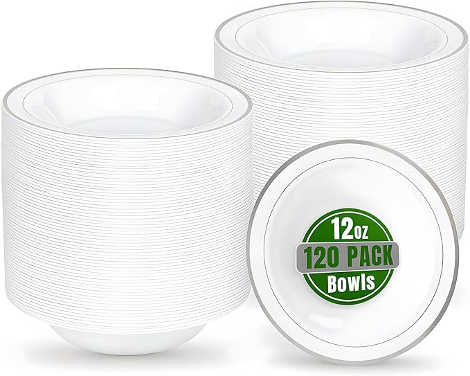 bUCLA 120 Pack Disposable Plastic Bowls 12oz - Elegant White &amp; Silver Trim Party Bowls for Salad, Soup, Dessert - Heavy Duty Disposable for BBQ, Weddings and Christmas