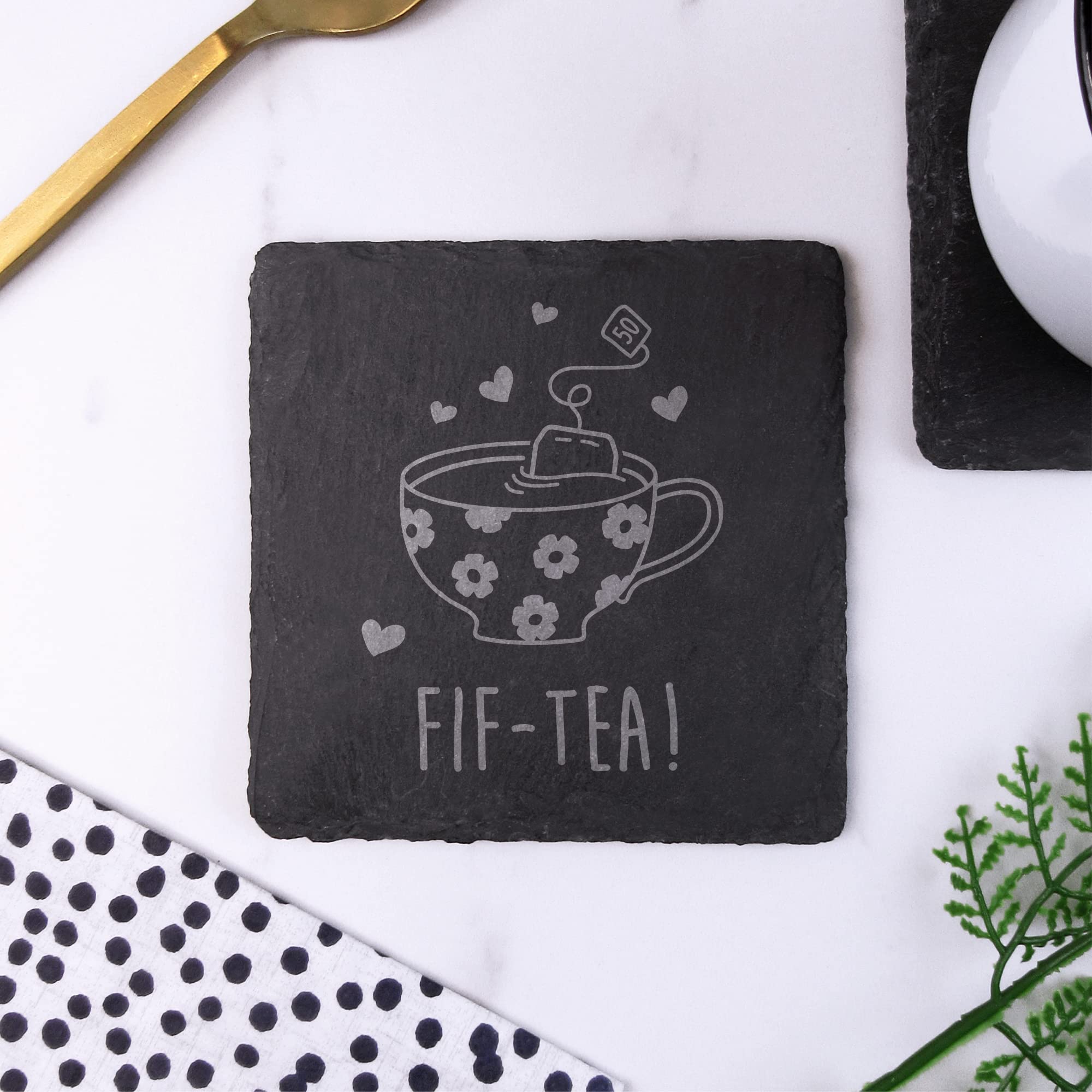 eBuyGB Engraved Square Slate Coaster -FIF-Tea Design - 50th Birthday Gifts for Women, Her - Fiftieth Birthday Gift for Mum, Friend, Sister, Grandma - Drinks Mat