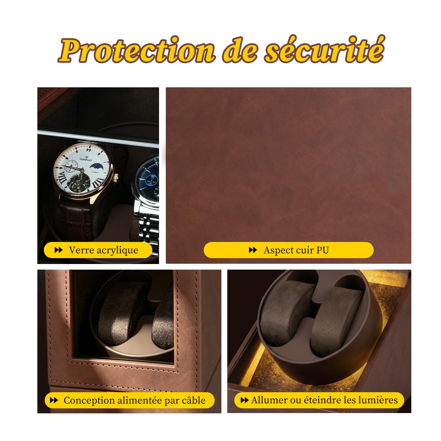 Double Remontoir de Montre avec lumière LED, Boîtes de Remontoir de Montre pour 2 Montres avec 5 Modes de Rotation Automatique et Chargement Type C USB – Marron