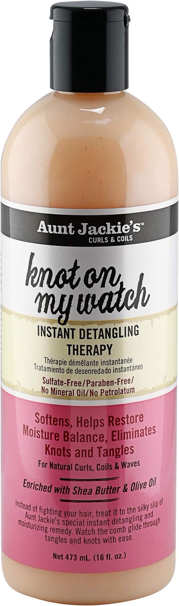 Aunt Jackie's Curls and Coils Knot On My Watch Instant Hair Detangling Therapy for Natural Curls, Coils and Waves, Enriched with shea Butter, 16 oz