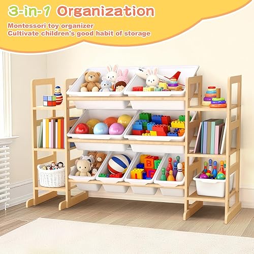 Miniatura 5 de Wooden Toy Storage Organizer for Kids, Multi-Tier Toy Organizer with Bins & Side Montessori Bookshelves, Sturdy Natural Wood Playroom Storage