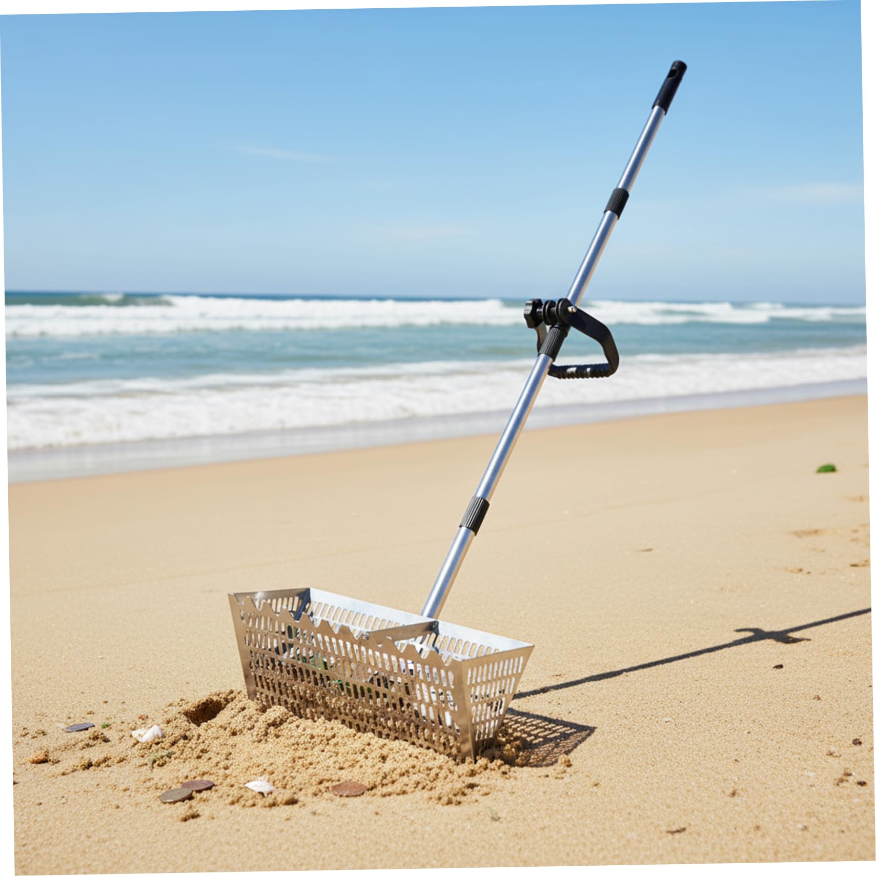 Juego de rastrillo y tamiz para pulgas de arena, rastrillo de playa desmontable de acero al carbono resistente con tamiz de arena, pala, cubo y guantes para recoger peinar la playa