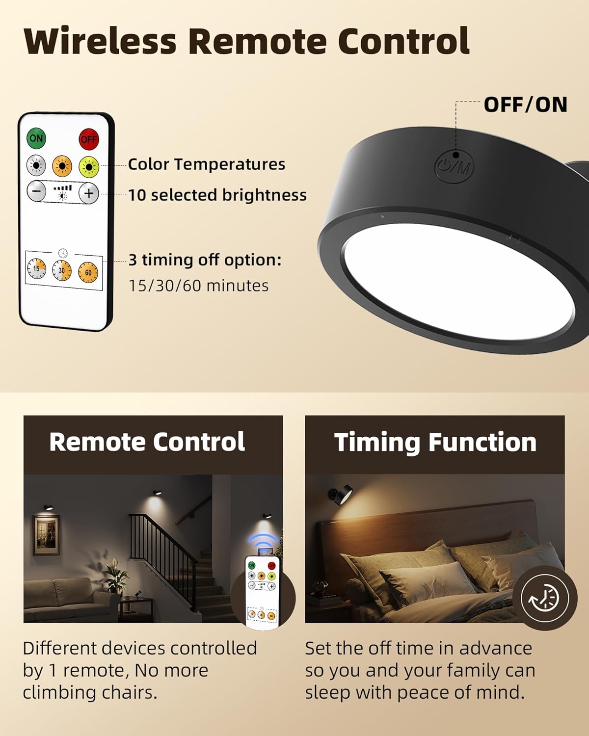 EZVALO Battery Operated Wall Sconce, 3000mAh Rechargeable Cordless Wall Sconce, Dimmable with Remote & Touch Control, 3 Color Temps, 360° Rotatable for Bedroom, Bedside, Reading (Black, 2 Pack)