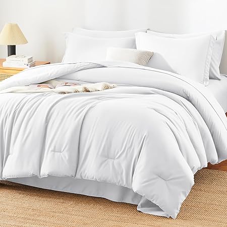 HIMEET Queen Comforter Set - 7 Pieces Bed in a Bag Queen Size, Luxury Comforter Set with Sheets for All Season, Bed Set with Comforter, Flat Sheet, Fitted Sheet, Pillowcases & Shams, White