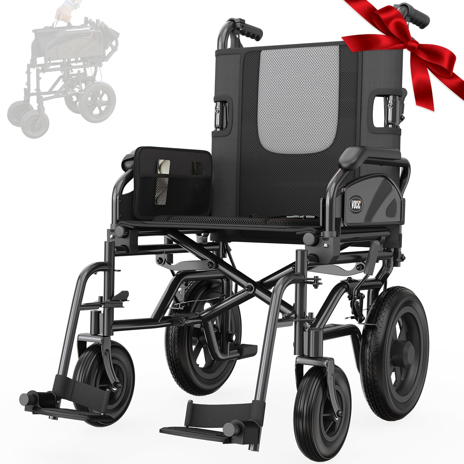 VOCIC U11 Rollstuhl Faltbar Leicht 13KG Schmaler Rollstühle | Transportrollstuhl klappbar bis 136KG für Senioren,30CM Großreifen,3D-Mesh Sitzkissen,Doppelbremse,Aluminium|Hellgrau