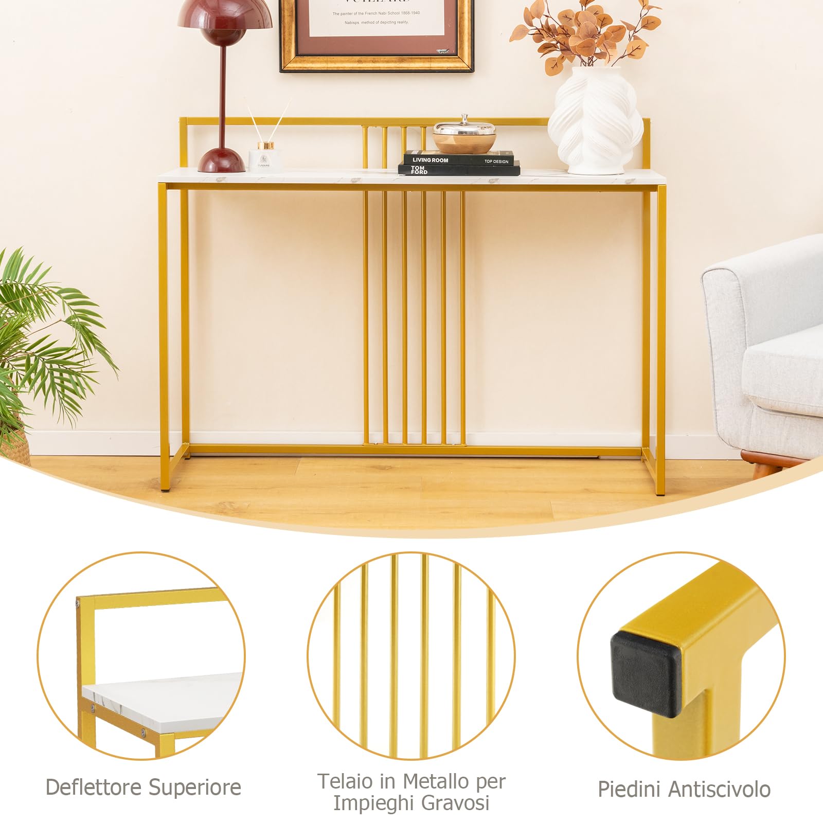 RELAX4LIFE Tavolo Consolle 120x32x89CM, Tavolo da Ingresso con Piano in Finto Marmo, Struttura in Metallo, Kit Antiribaltamento, Tavolino Moderno per Ingresso, Soggiorno, Camera da Letto (MODELLO 2)