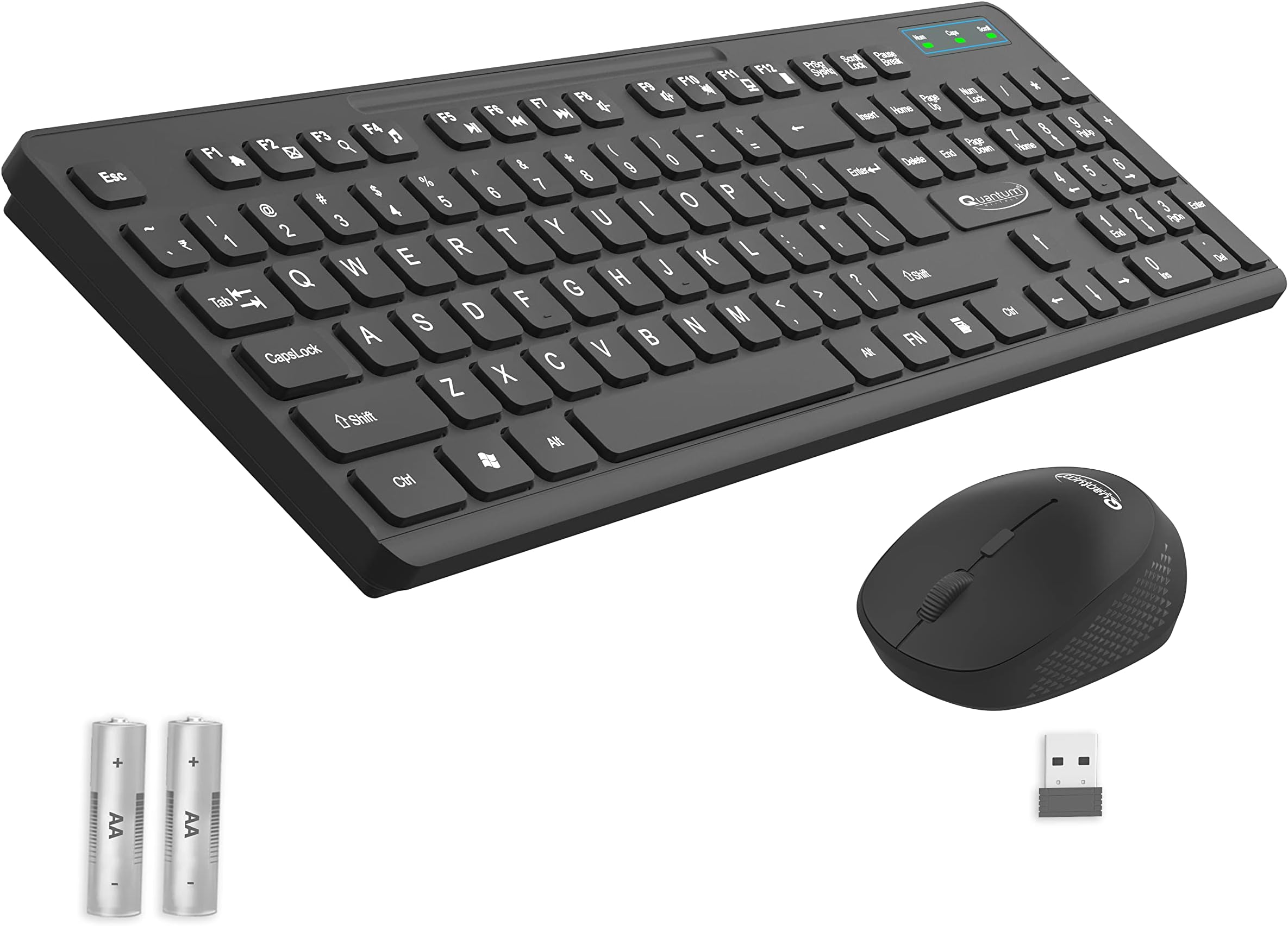 Quantum Wireless Keyboard and Mouse Combo, 12 Months* Battery(Cells Included), Nano Receiver, Silent Keys 800/1200/1600 DPI, Chiclet Keys Spill Resistant Keyboard for PC/Laptop, 1 Yr Warranty (Black)