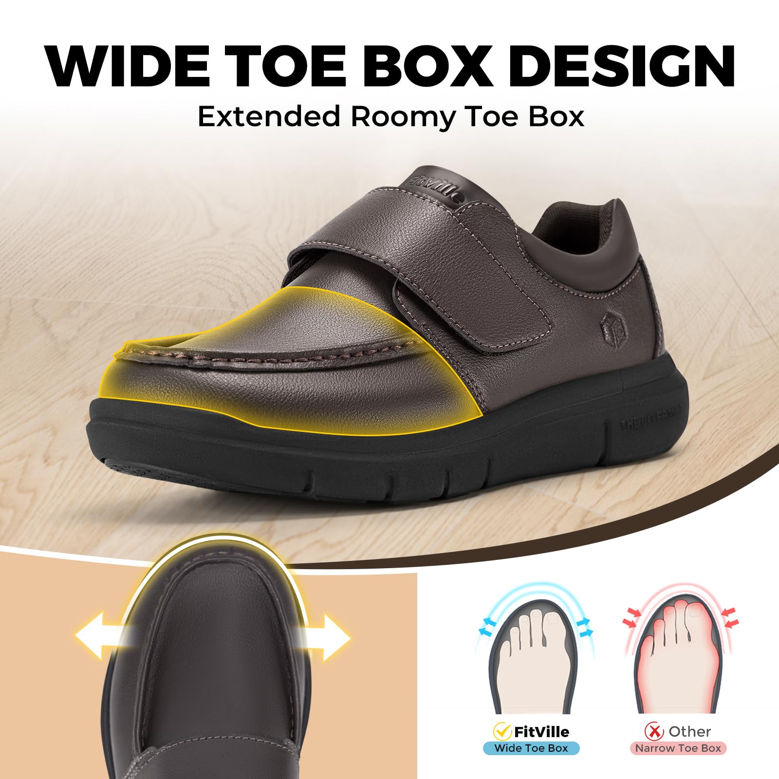 FitVille Scarpe Uomo Diabetici Pianta Larga Mocassini in Pelle Extra Larghi Scarpe Uomo Casual con Strappo per Piedi Gonfi da Lavoro
