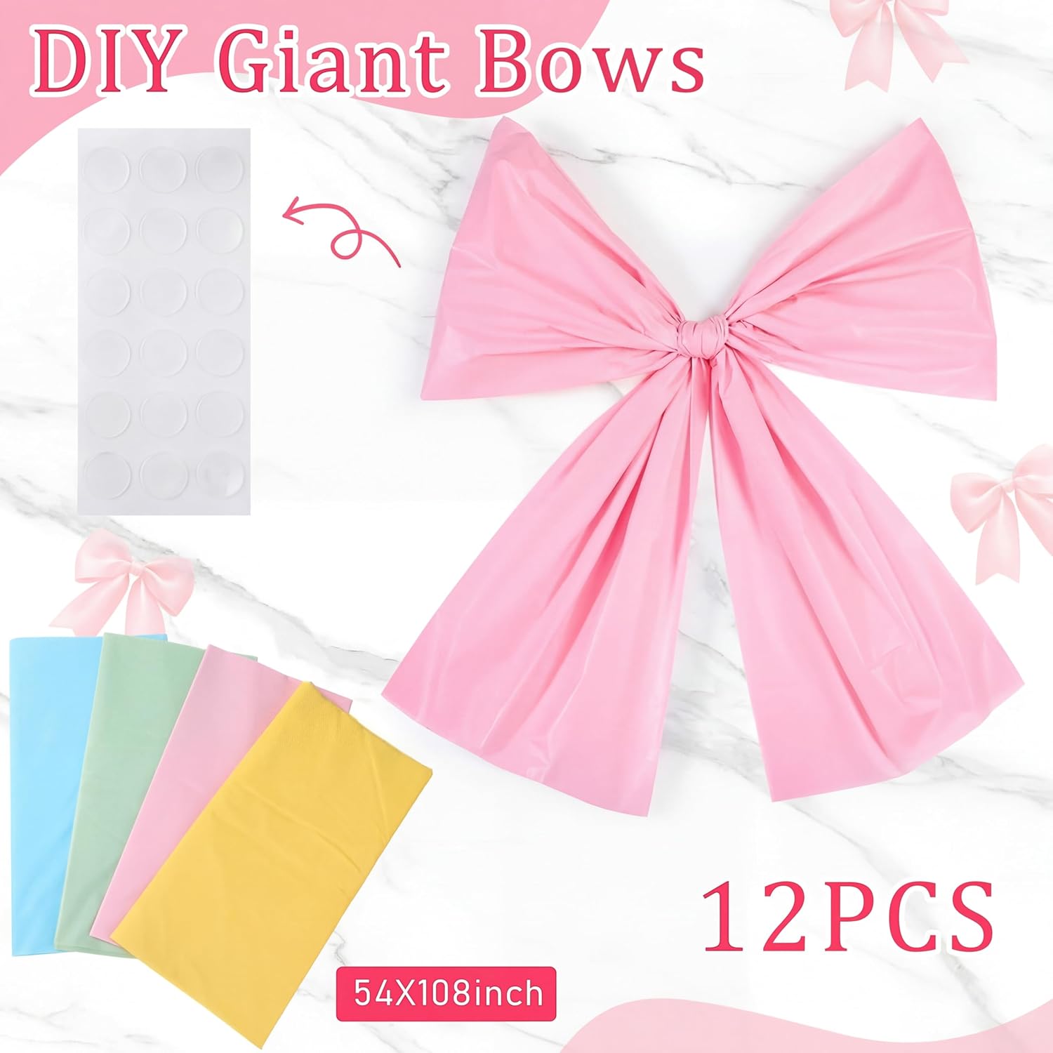 12 Pcs Giant Pastel Wall Bows 54x108 Inch Macaron Large DIY Ribbon Backdrop Decor Oversized Hanging Bow Decorations for Classroom Bulletin Board, Graduation, Tea Party, Baby Shower, Birthday