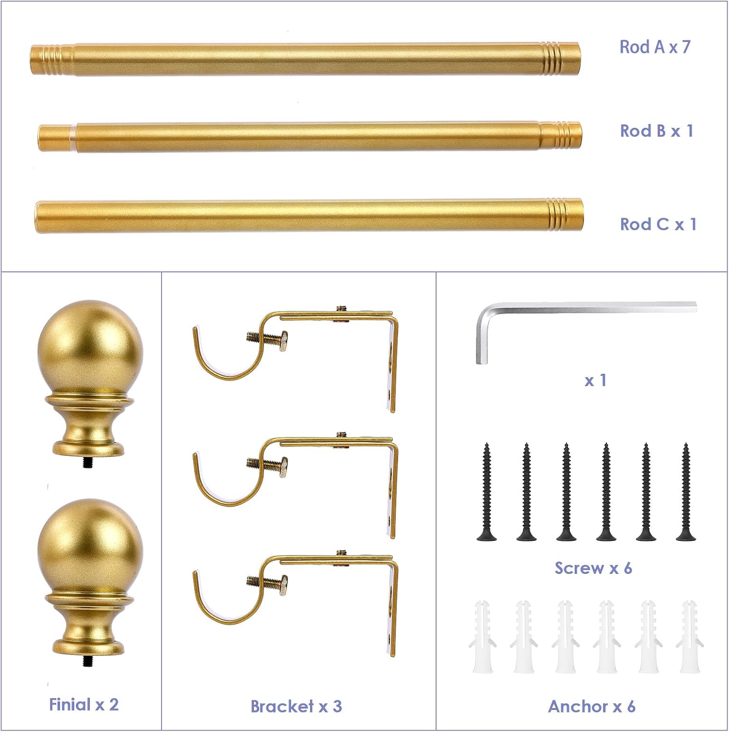 1 Inch Gold Curtain Rods for Windows 72 to 144 Inch - Adjustable Drapery Rods with Exquisite Finial for Living Room, Bedroom, Kitchen, Outdoor Patio (Gold,32-144")