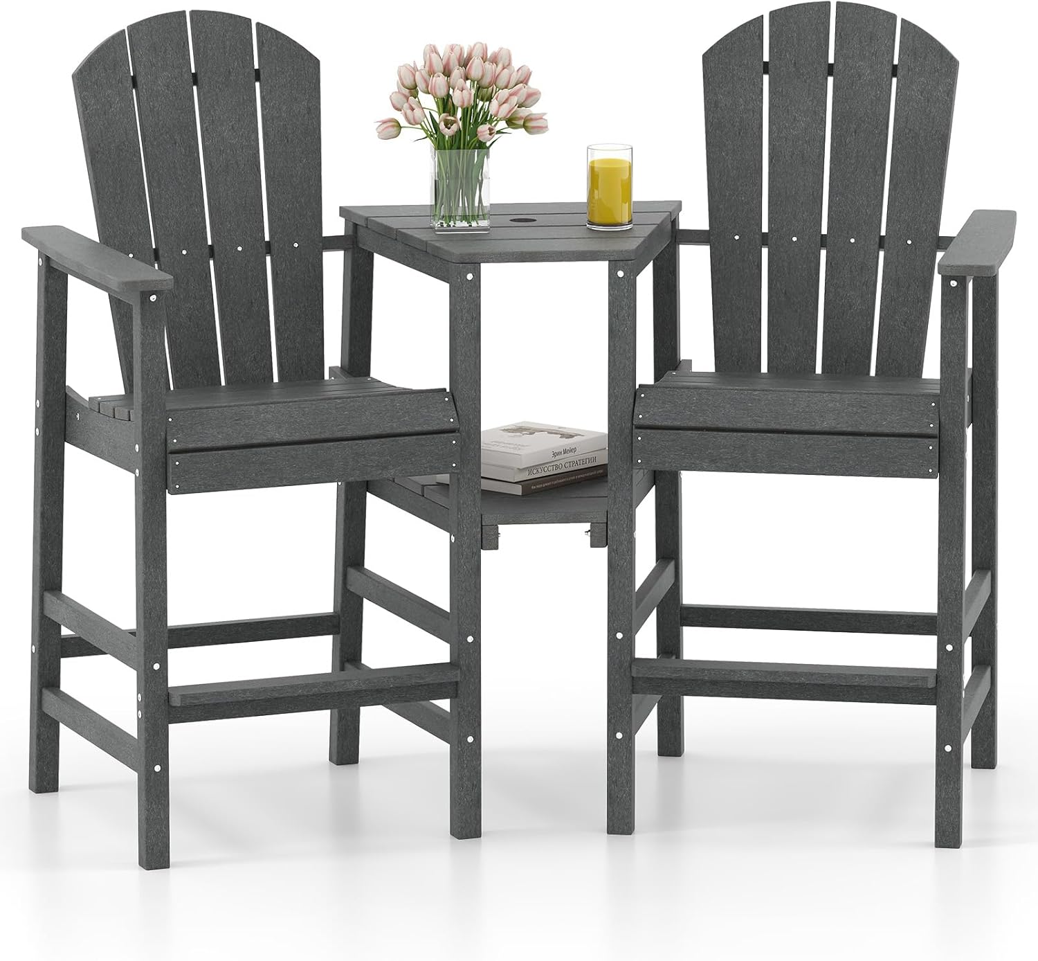 Giantex Outdoor Tall Adirondack Chairs Set of 2, HDPE Adirondack Bar Stools w/Double Connecting Tray, Umbrella Hole, High Backrest, All-Weather Balcony Chair, Patio Barstools for Garden Lawn (Gray)