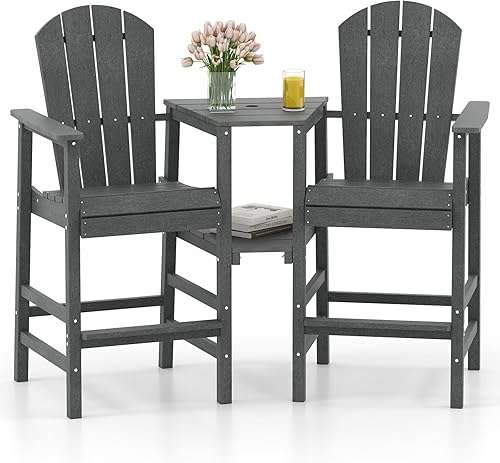 Giantex Juego de 2 sillas Adirondack altas para exteriores, taburetes de bar Adirondack de HDPE con doble bandeja de conexión, agujero para