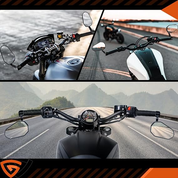 Motorcycle Mirrors 7/8 Bar End Rearview Universal 2PCS | 360 Rotatable Motorbike Side Wing Mirror, CNC Aluminum Body, E-MARK, Extension, Anti-Vibration, Clear View, 2PCS