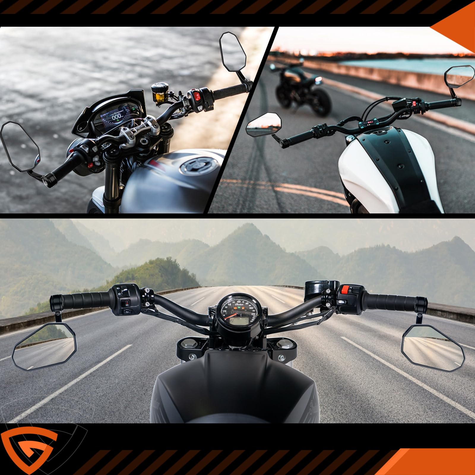 GEARMONSTER Lusterko motocyklowe z certyfikatem E, 360°, 2 sztuki | Lusterko wsteczne do motocykla, obracane o 360°, aluminium CNC, uniwersalne, skutery, quady, koniec kierownicy, łatwy montaż