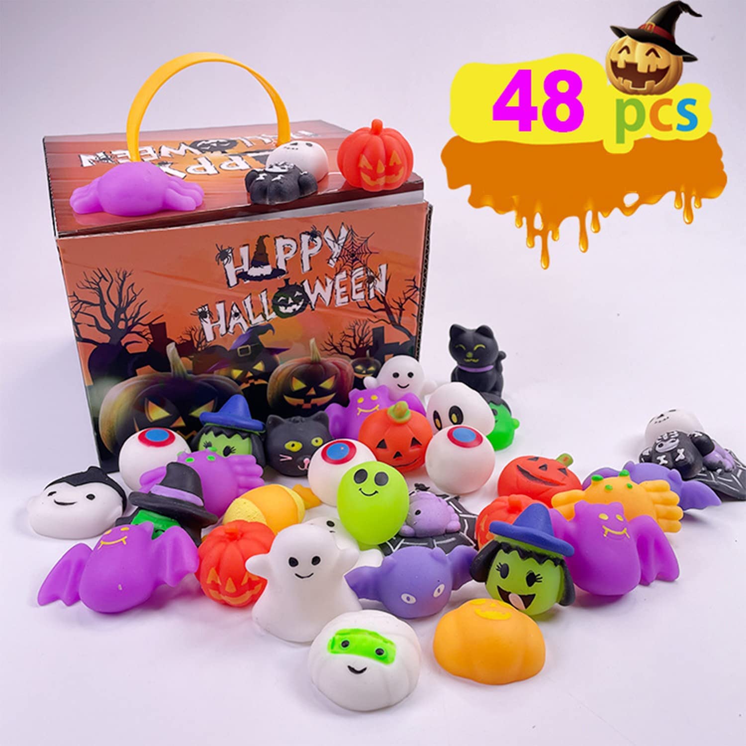 Beauenty 48PCS Halloween Mochi Squishies Toys Pumpkin Ghost Spider Toy for Kids Boys Girls Party Favors Halloween Treat Goody Bag Filler