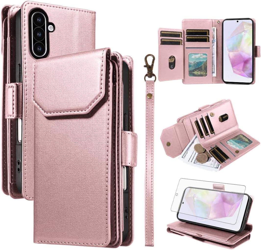 Asuwish Phone Case for Samsung Galaxy A36 5G A56 5G Cell Wallet Cover with Tempered Glass Screen Protector Flip Credit Card Holder Slot Stand A 36 36A LTE SM-A366U A 56 56A LTE Women Men Folio Pink