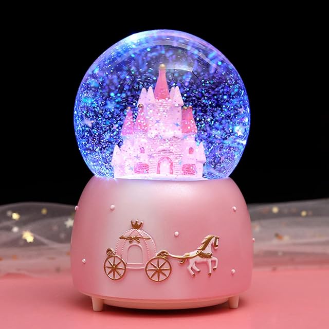 Snow Globe Crystal Ball Music Box Rotating Musical Box with Colorful Lights Castle Melody Musical Artware Dreamy and Exquisite Desktop Ornament for Kids Girls Birthday Christmas Thanksgiving Present