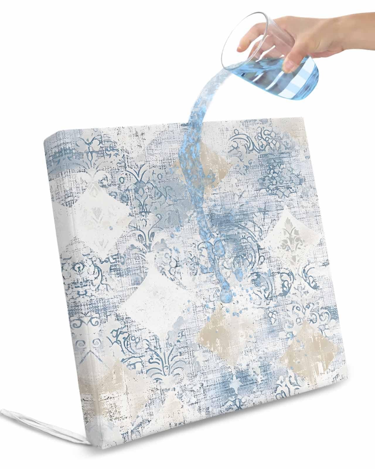 2 Pack Blue Beige Floral Waterproof Cushion Covers with Ties, Outdoor Patio Chaise Lounge Chair Seat Cushion Slip Covers Replacement(Only Cover) Vintage Smear Abstract Art 24