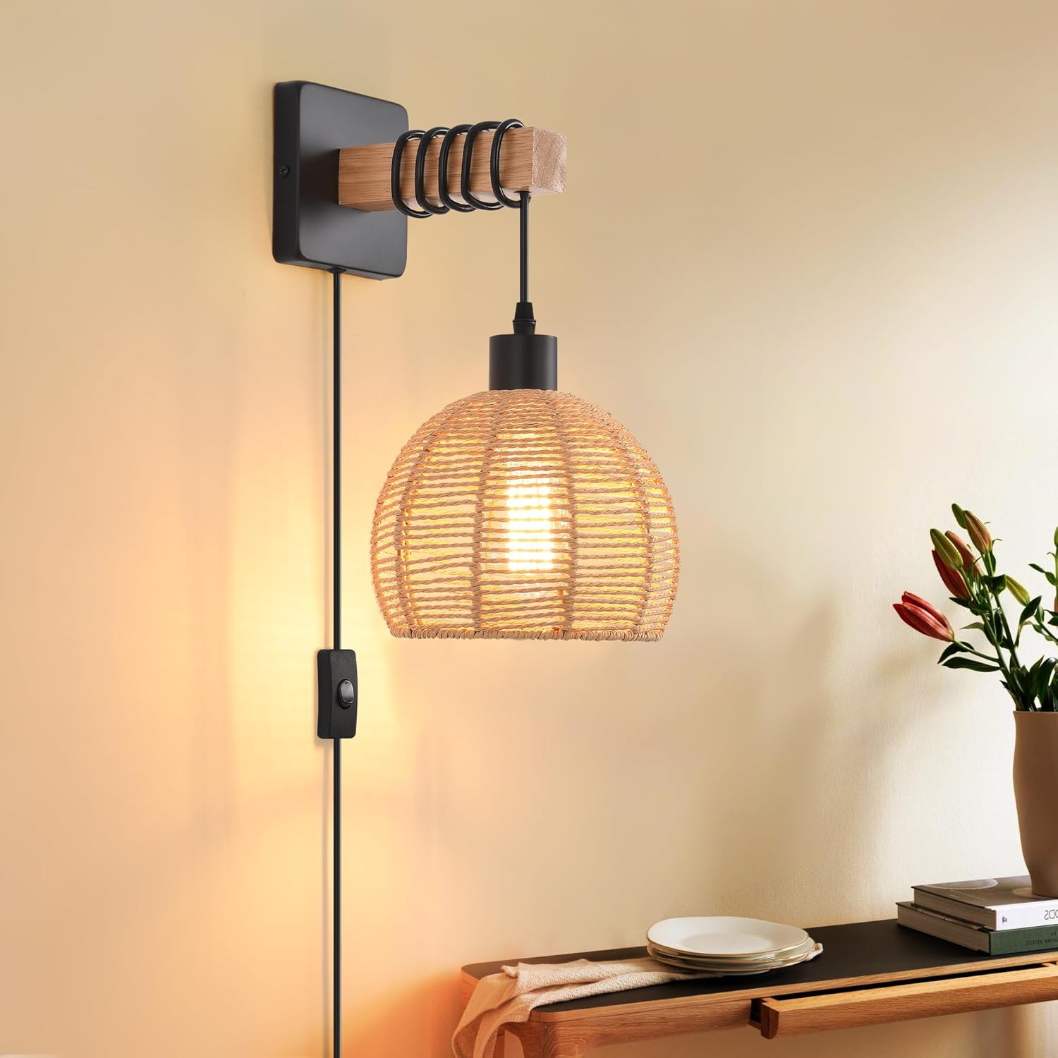 Rustic Wall Sconces Fixtures with Plug in Cord, Set of Two Indoor Vintage Rattan Wall Light Industrial Lamp Fixture Farmhouse Metal Sconces Light for Bedroom Bedside Living Room